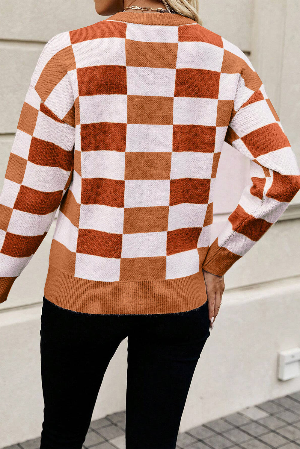 Orange Checkered Ribbed Edge O Neck Drop Shoulder Sweater-Sweaters & Cardigans/Sweaters-[Adult]-[Female]-2022 Online Blue Zone Planet