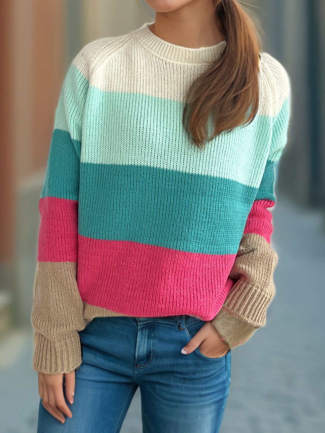 Blue Zone Planet | Color Block Round Neck Long Sleeve Sweater-TOPS / DRESSES-[Adult]-[Female]-2022 Online Blue Zone Planet