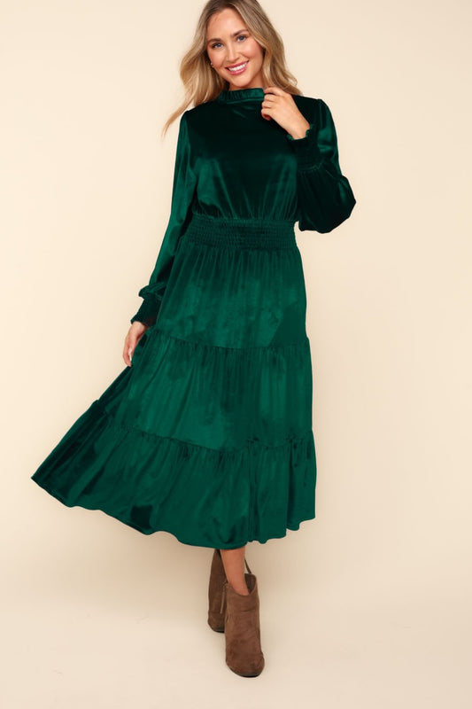 Blue Zone Planet | Haptics Mock Neck Smocked Waist Velvet Tiered Dress-TOPS / DRESSES-[Adult]-[Female]-Hunter Green-S-2022 Online Blue Zone Planet