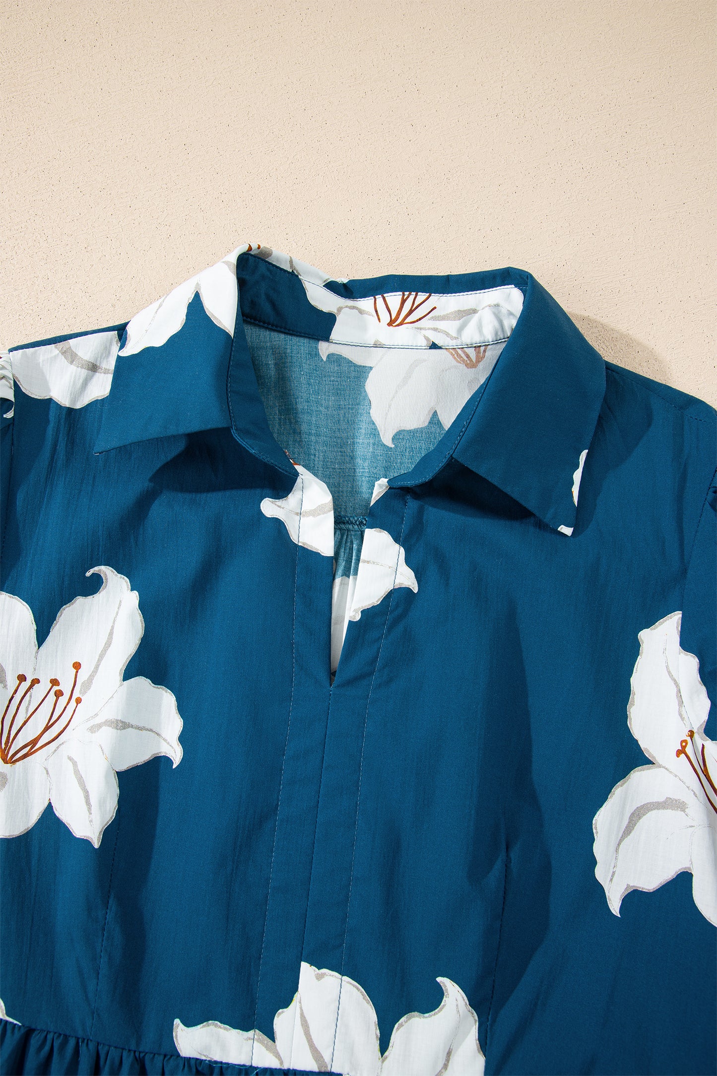 Blue Floral Print Shirt Collar V Neck 3/4 Sleeve Shift Midi Dress-TOPS / DRESSES-[Adult]-[Female]-2022 Online Blue Zone Planet