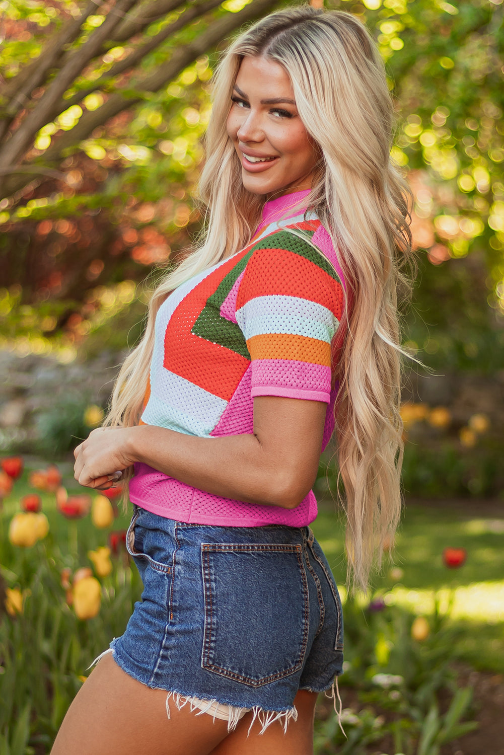 Orange Color Block Eyelet Casual Sweater T Shirt-Sweaters & Cardigans/Short Sleeve Sweaters-[Adult]-[Female]-2022 Online Blue Zone Planet