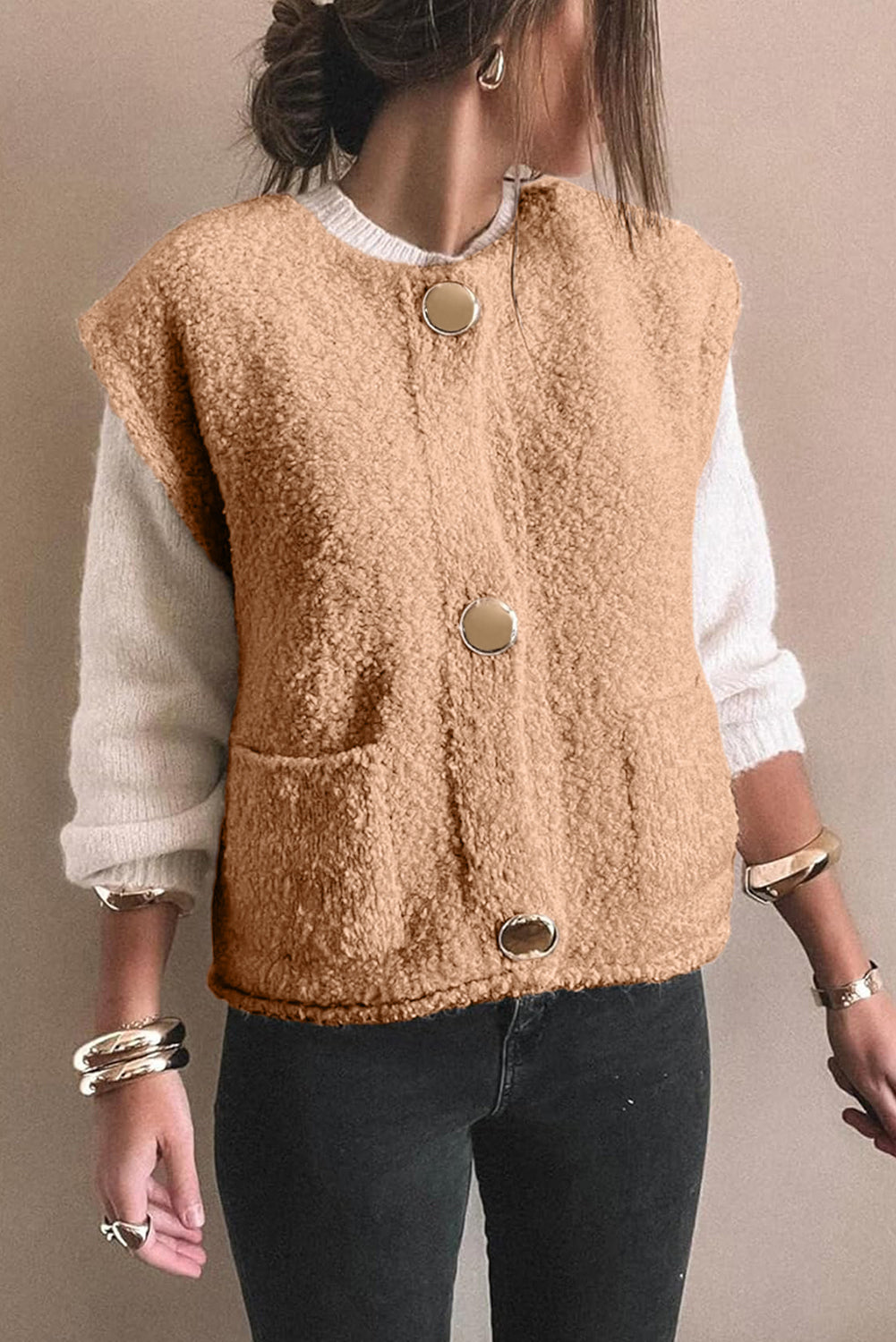 Light French Beige Big Button Accent Fuzzy Pocket Vest-TOPS / DRESSES-[Adult]-[Female]-2022 Online Blue Zone Planet