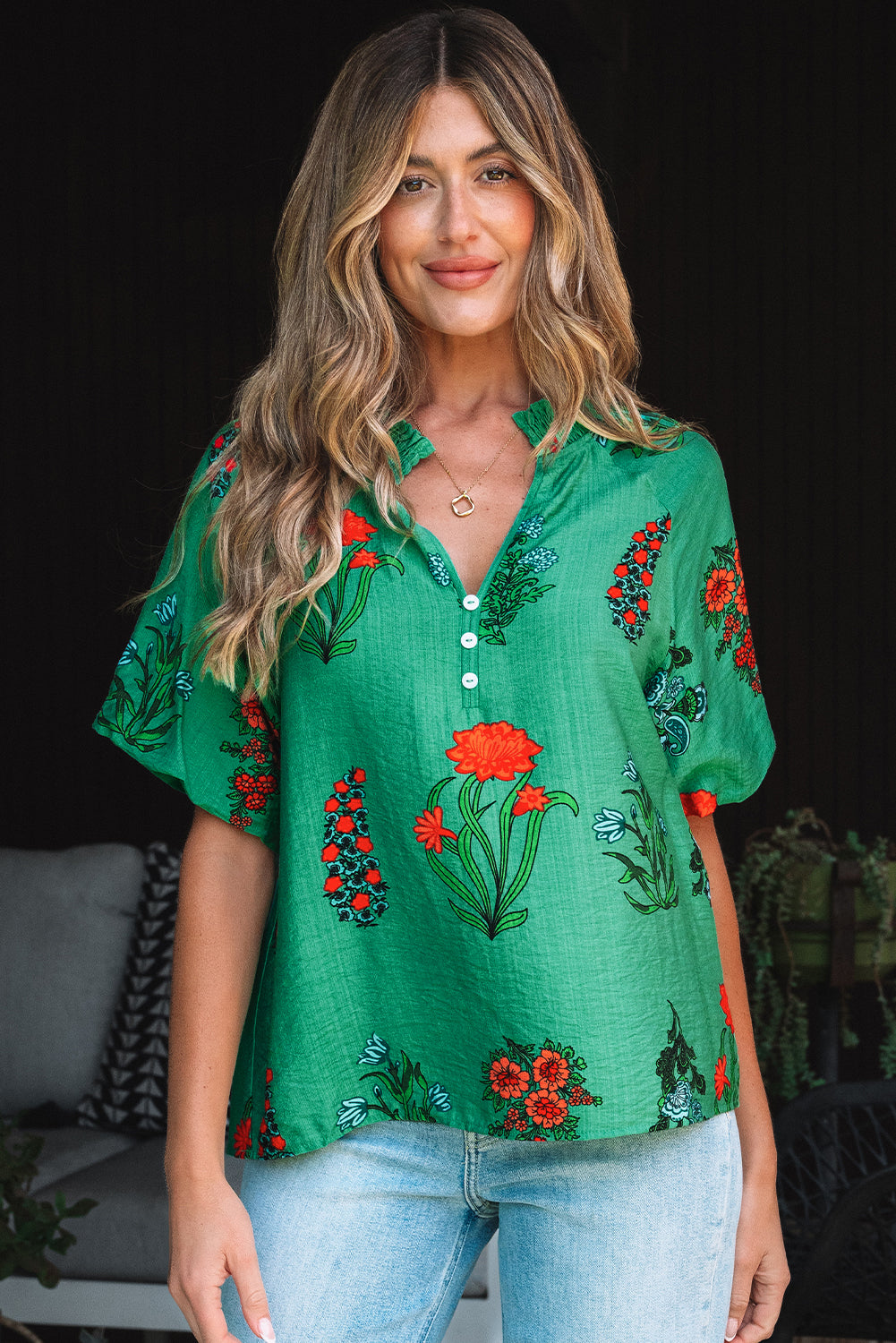 Bright Green Floral Print Buttoned V Neck Short Sleeve Blouse-Tops/Blouses & Shirts-[Adult]-[Female]-2022 Online Blue Zone Planet
