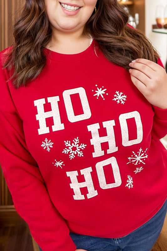 Blue Zone Planet | Fiery Red Christmas Ho Ho Ho Graphic Plus Size Sweatshirt-Plus Size/Plus Size Sweatshirts & Hoodies-[Adult]-[Female]-Fiery Red-1X-2022 Online Blue Zone Planet