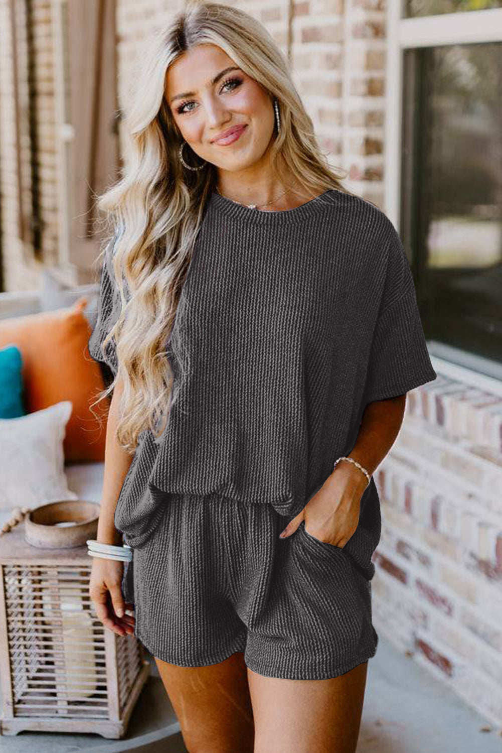 Carbon Grey Ribbed Textured Knit Loose Fit Tee and Shorts Set-Two Piece Sets/Short Sets-[Adult]-[Female]-2022 Online Blue Zone Planet