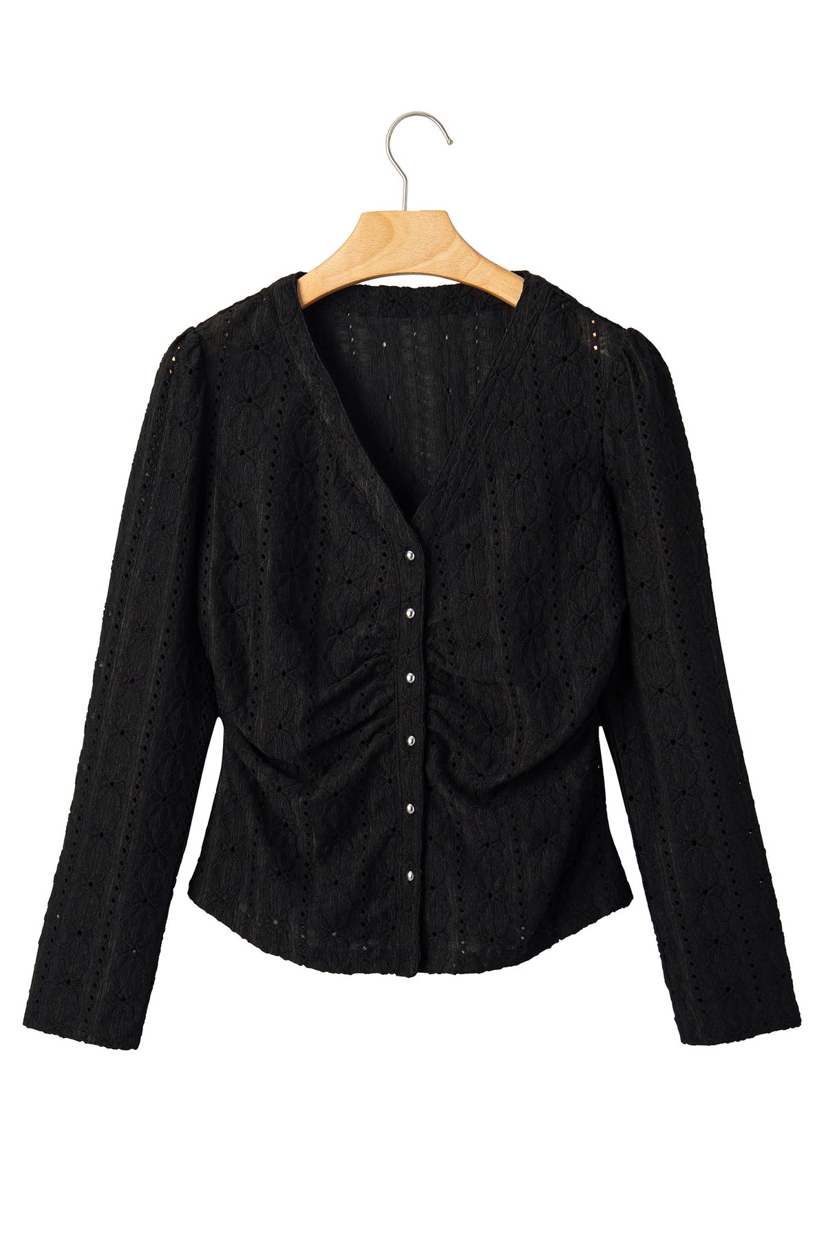 Black V Neck Floral Knit Long Sleeve Button Front Fit Blouse-Tops/Blouses & Shirts-[Adult]-[Female]-2022 Online Blue Zone Planet