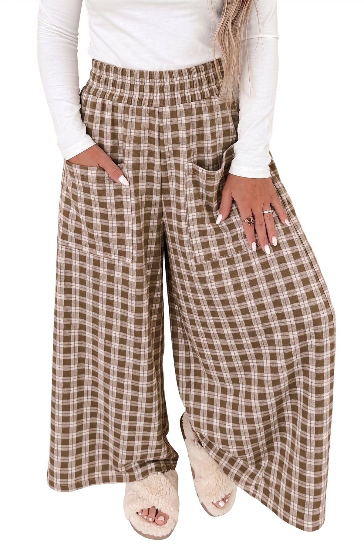 Khaki Plaid Elastic Waist Patch Pocket Wide Leg Pants