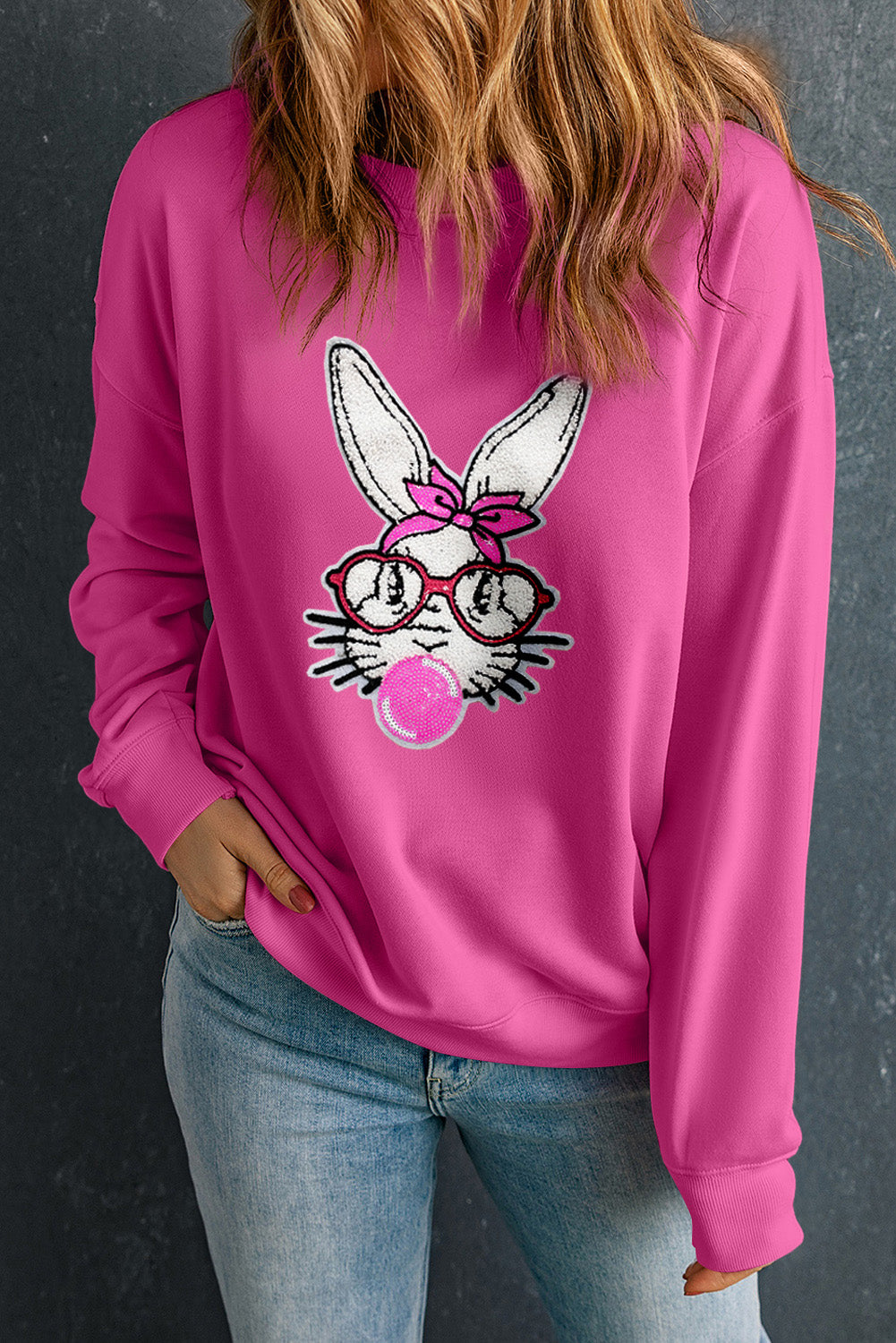 Bonbon Bubble Gum Rabbit Sequin Graphic Drop Shoulder Sweatshirt-Graphic Sweatshirts-[Adult]-[Female]-2022 Online Blue Zone Planet