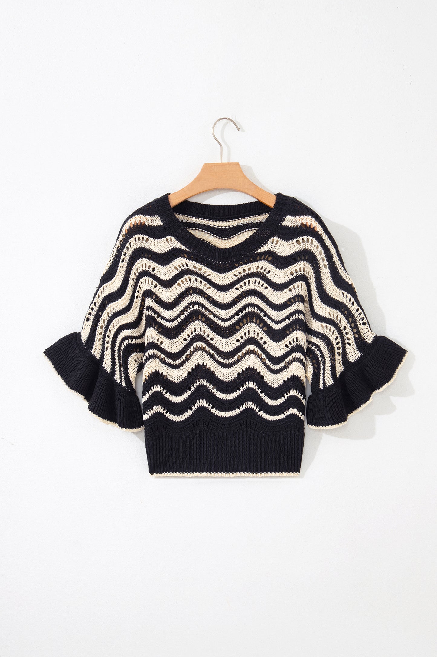 Beige Stripe Wavy Crochet Eyelet Detail Ruffle Half Sleeve Sweater-TOPS / DRESSES-[Adult]-[Female]-2022 Online Blue Zone Planet