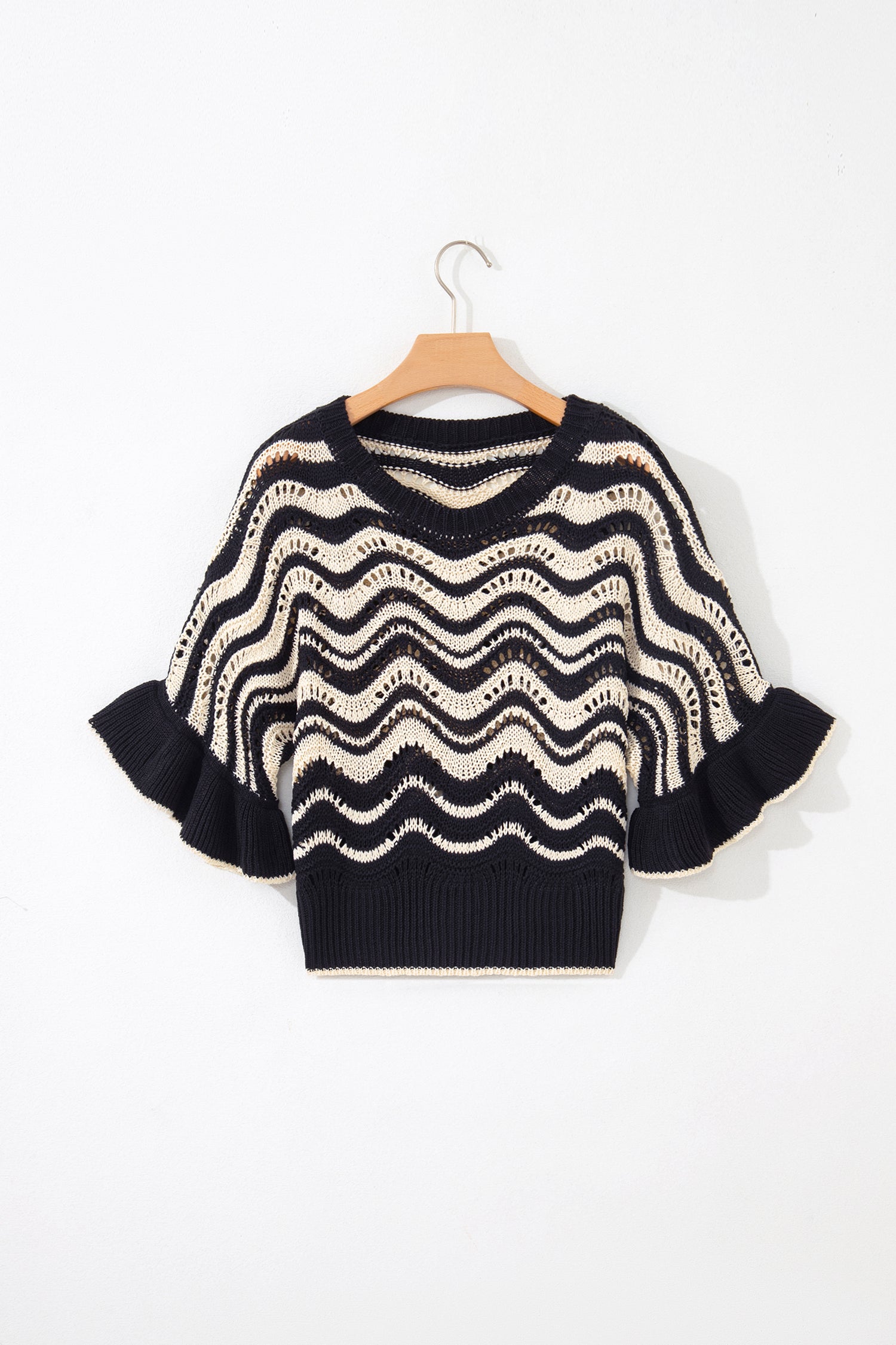 Beige Stripe Wavy Crochet Eyelet Detail Ruffle Half Sleeve Sweater-TOPS / DRESSES-[Adult]-[Female]-2022 Online Blue Zone Planet