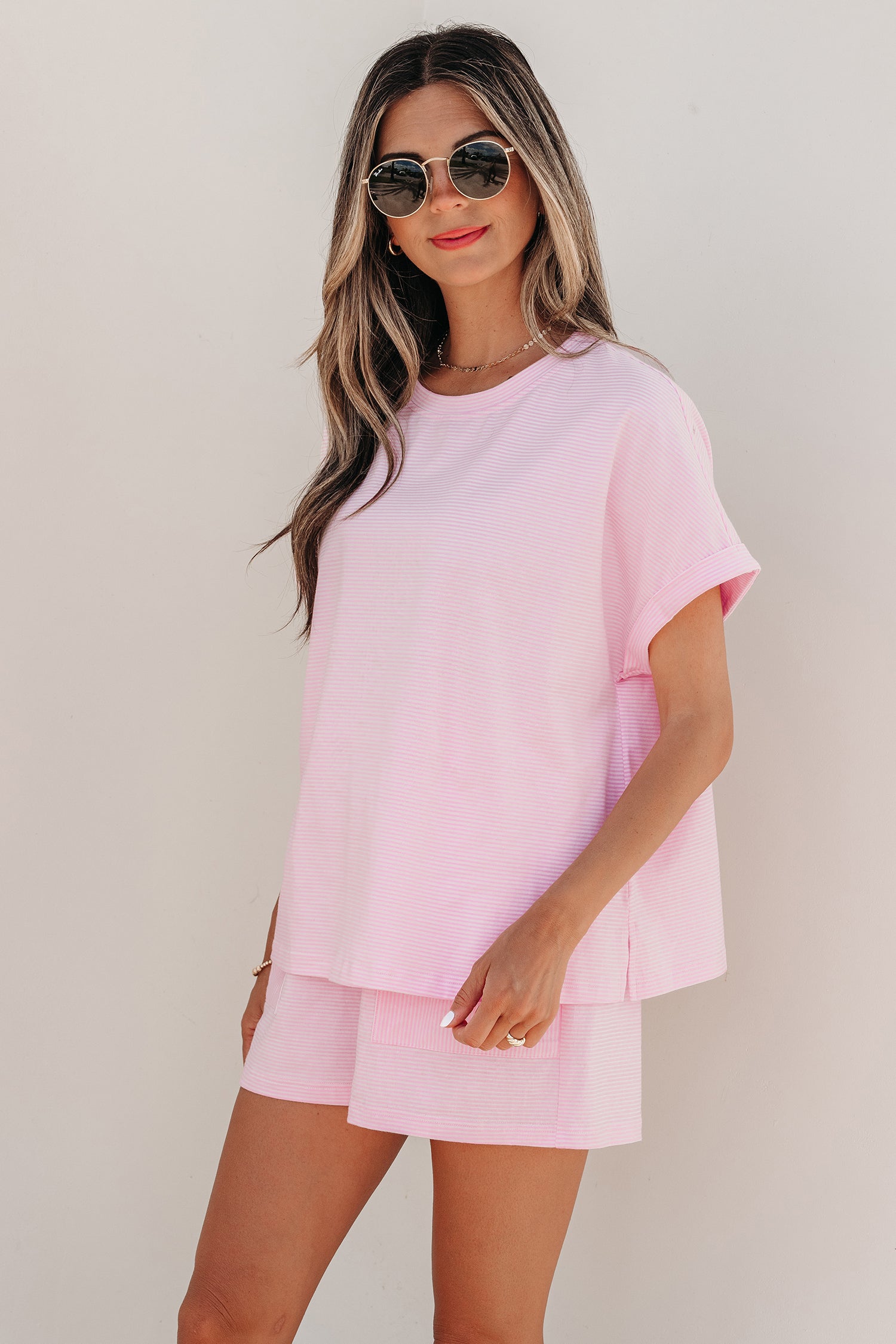 Pink Stripe Matching Oversized Tee and Drawstring Shorts Set-Two Piece Sets/Short Sets-[Adult]-[Female]-2022 Online Blue Zone Planet