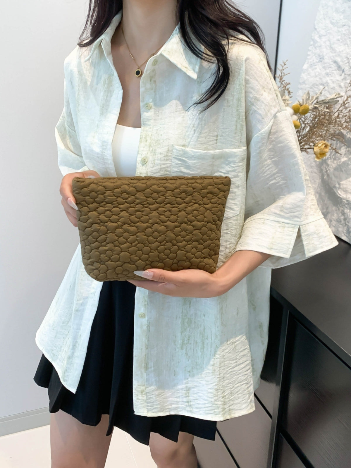 Flower Texture Polyester Clutch-HANDBAGS-[Adult]-[Female]-Olive Brown-One Size-2022 Online Blue Zone Planet