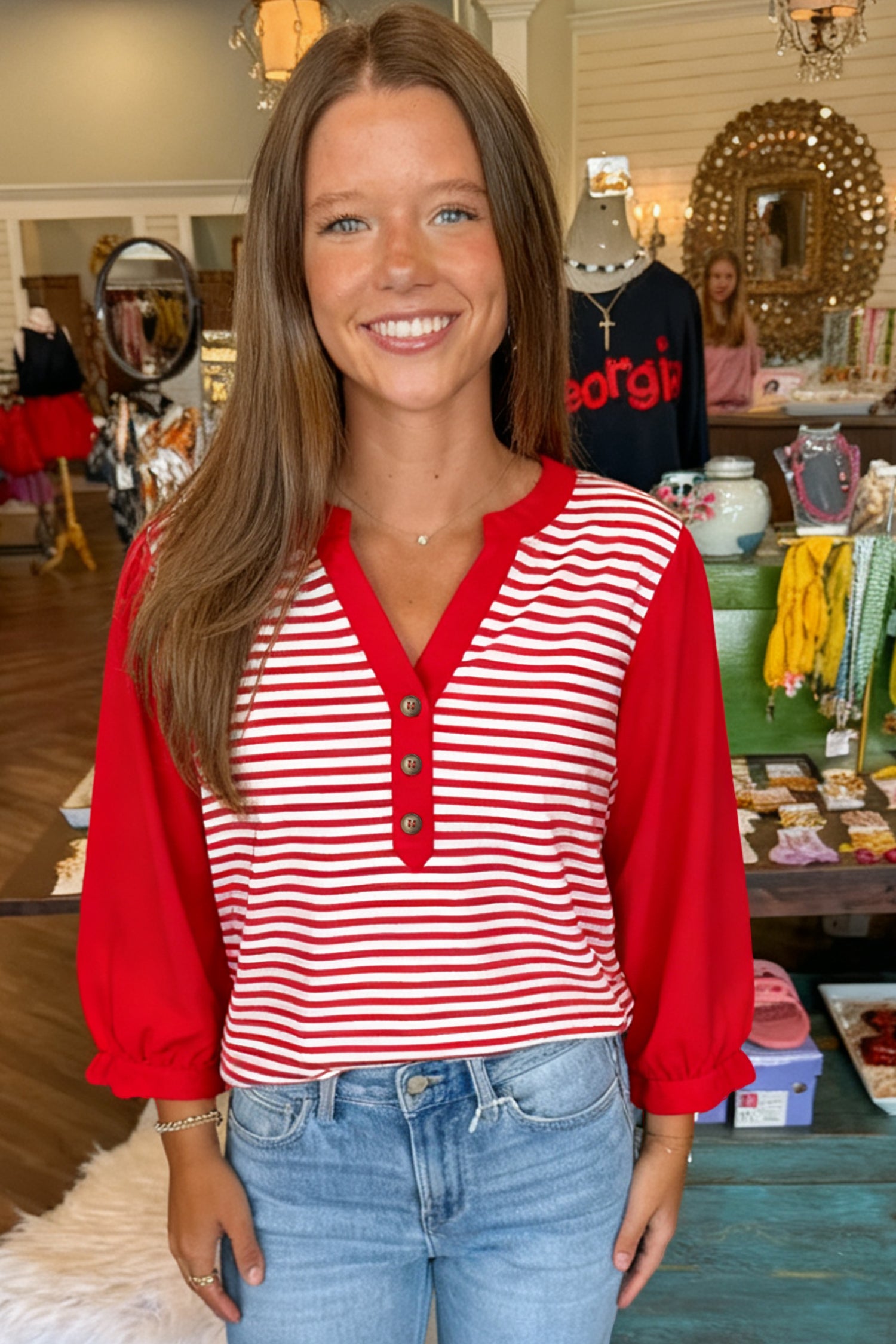 Red Stripe Half Placket V Neck Contrast 3/4 Sleeve Patchwork Top-Tops/Long Sleeve Tops-[Adult]-[Female]-2022 Online Blue Zone Planet