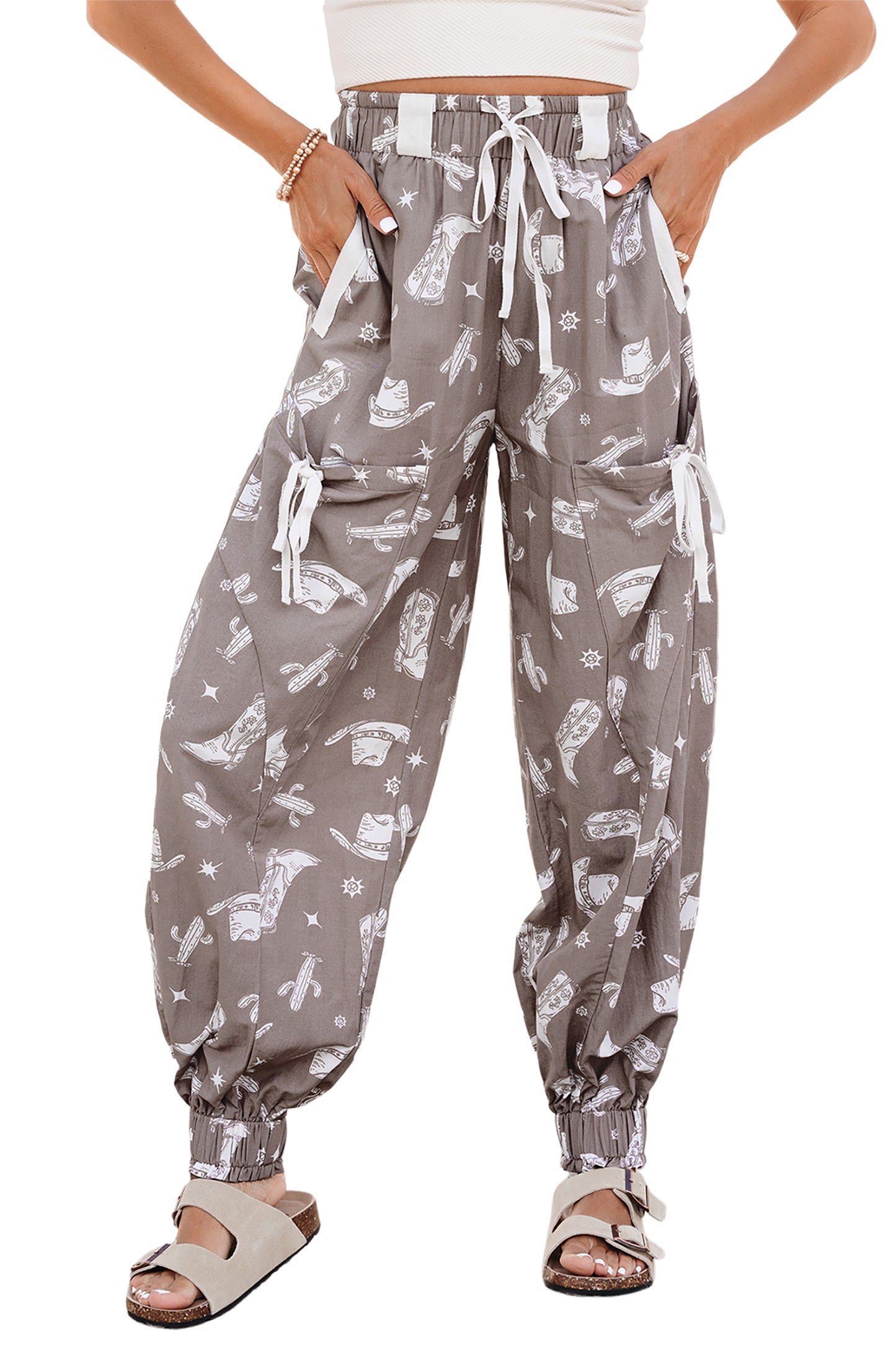 Khaki Western Cactus Cowgirl Hat Boot Printed Vintage Drawstring Jogger Pants-Bottoms/Pants & Culotte-[Adult]-[Female]-2022 Online Blue Zone Planet