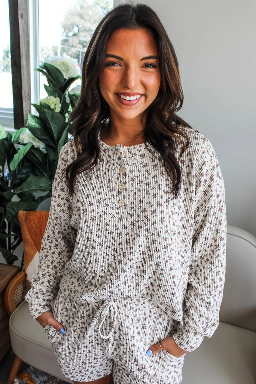 White Spiral Ribbed Floral Print Long Sleeve Henley Top Drawstring Short Set-Two Piece Sets/Short Sets-[Adult]-[Female]-2022 Online Blue Zone Planet