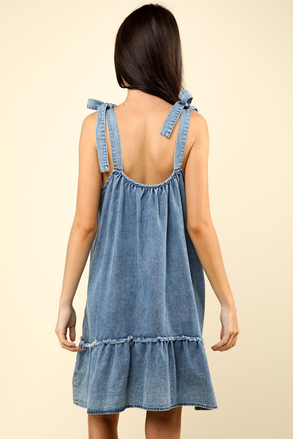 VERY J Shoulder Tie Washed Denim Mini Dress-TOPS / DRESSES-[Adult]-[Female]-2022 Online Blue Zone Planet