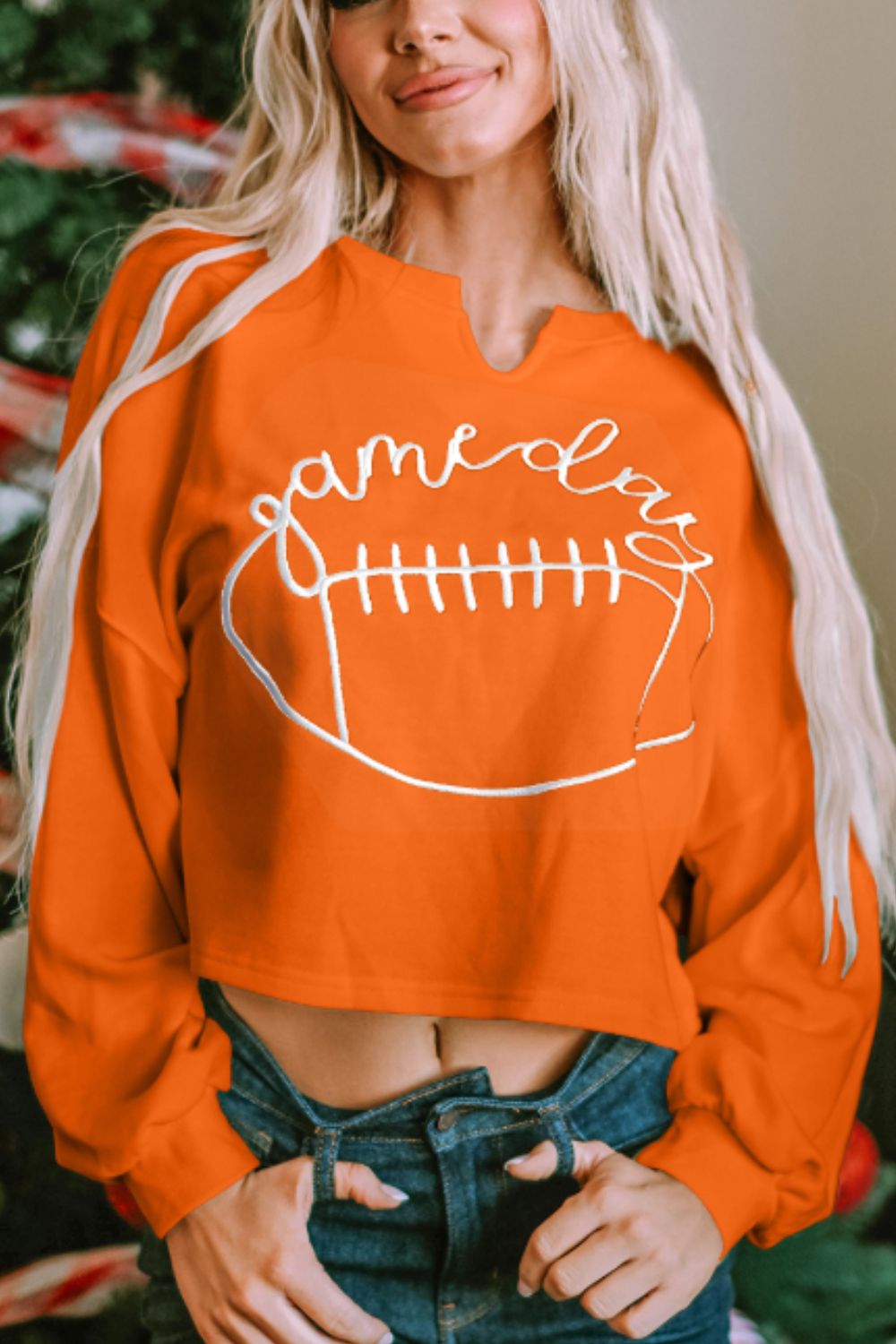 GAME DAY Football Notched Long Sleeve Sweatshirt-TOPS / DRESSES-[Adult]-[Female]-Orange-S-2022 Online Blue Zone Planet