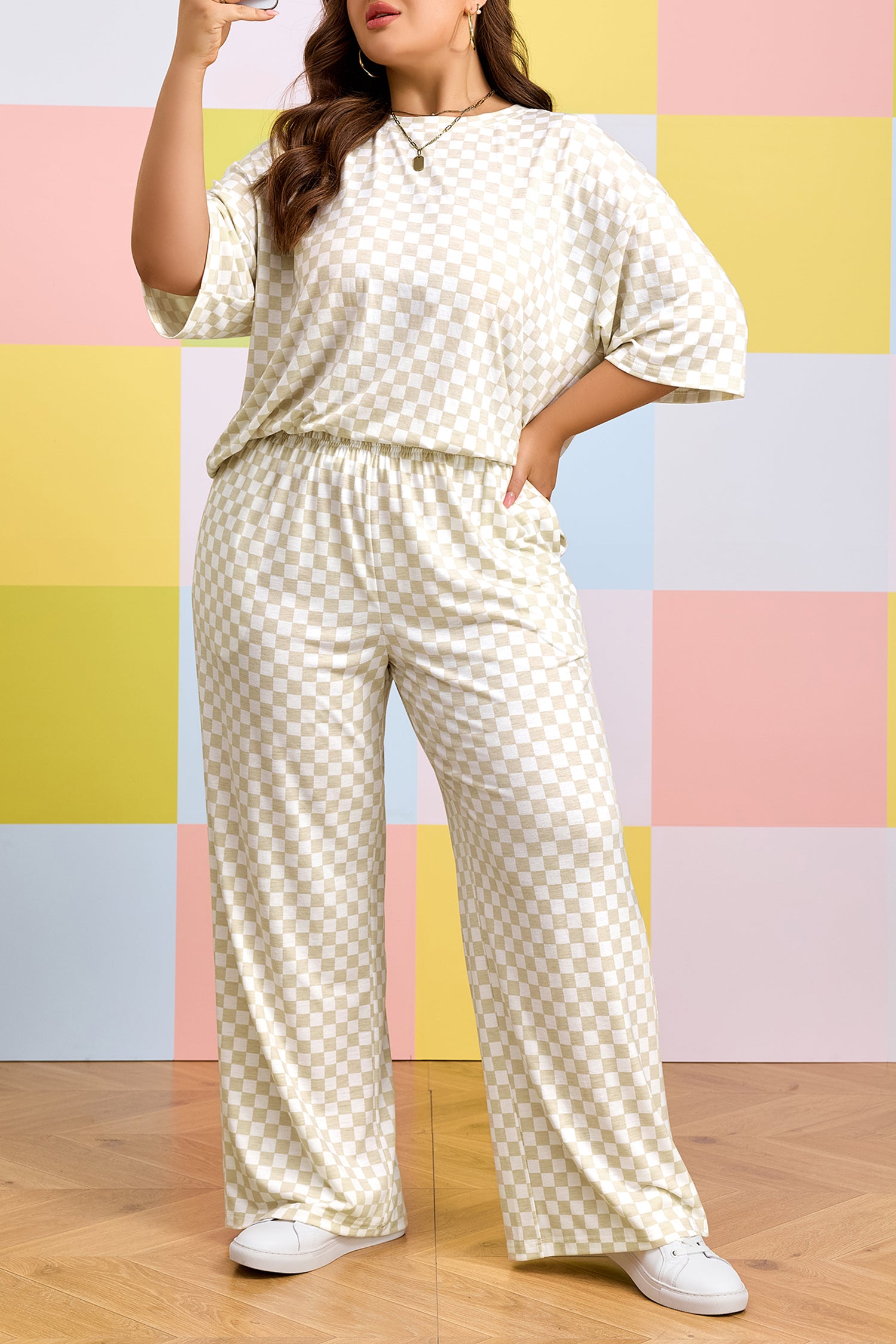 Khaki Plus Size Checkered Print Half Sleeve Tee Loose Pants Two-piece Lounge Set-Plus Size/Plus Size Bottoms-[Adult]-[Female]-2022 Online Blue Zone Planet