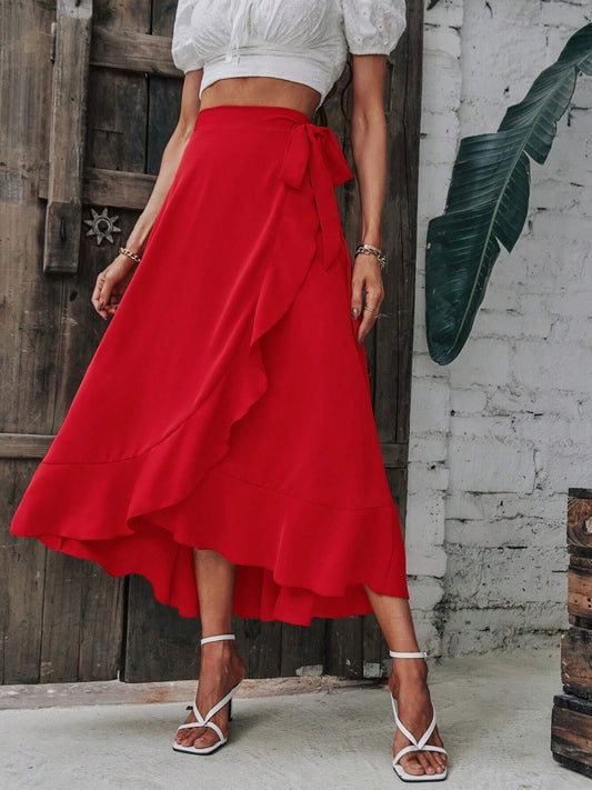 Tied Ruffled Midi Skirt-BOTTOMS SIZES SMALL MEDIUM LARGE-[Adult]-[Female]-Orange-Red-S-2022 Online Blue Zone Planet