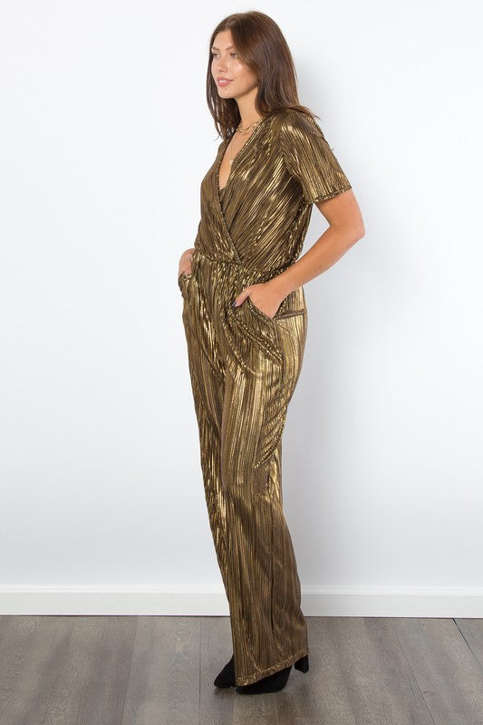 Be Stage Surplice Short Sleeve Pleated Foil Jumpsuit-TOPS / DRESSES-[Adult]-[Female]-2022 Online Blue Zone Planet