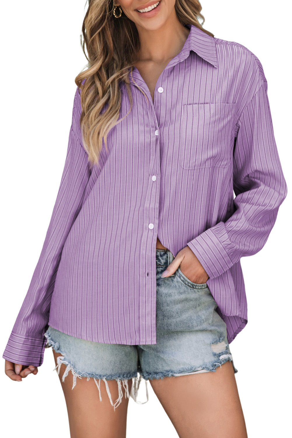 Striped Button Up Long Sleeve Shirt-TOPS / DRESSES-[Adult]-[Female]-Lilac-S-2022 Online Blue Zone Planet