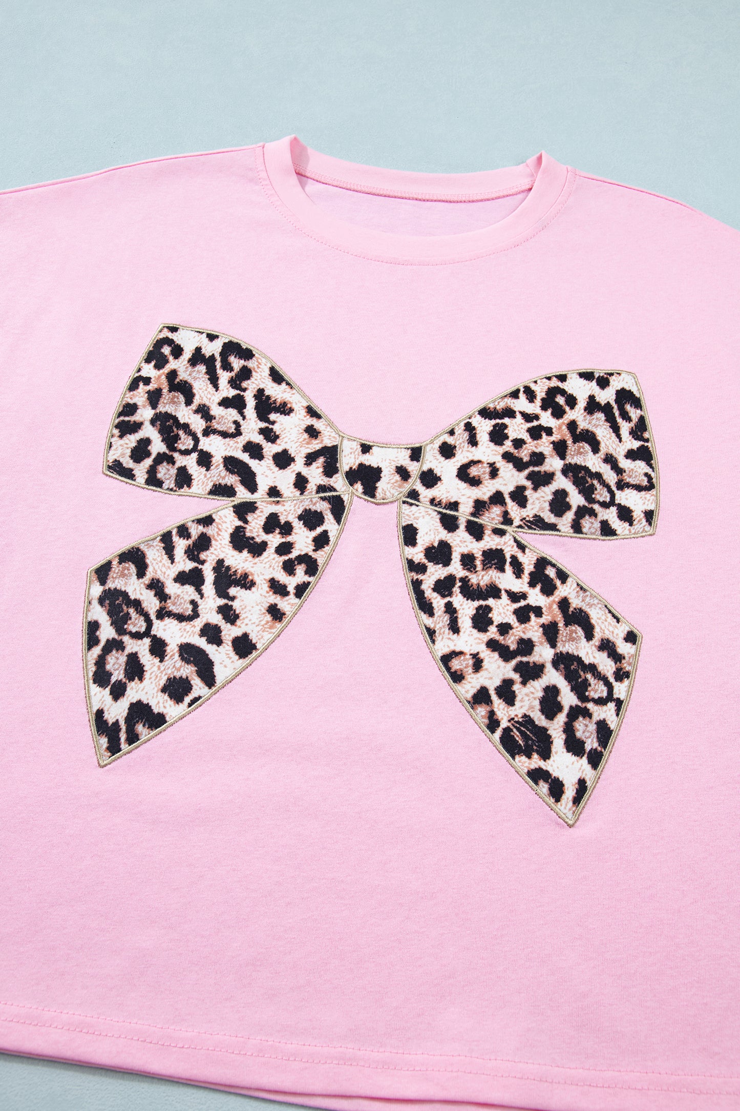 Pink Leopard Bow Embroidered Cotton Round Neck T Shirt-Tops/Tops & Tees-[Adult]-[Female]-2022 Online Blue Zone Planet