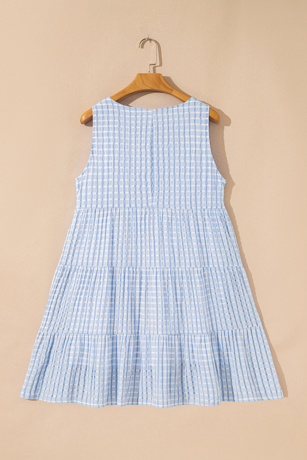 Light Blue Plaid Tiered A-line Sleeveless Mini Sundress-TOPS / DRESSES-[Adult]-[Female]-2022 Online Blue Zone Planet