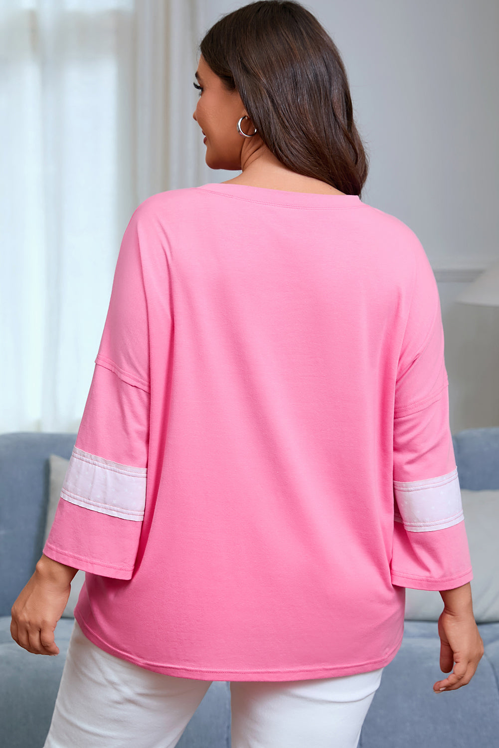 Pink Star Patched Colorblock Raw Edge Bracelet Sleeve Plus Size Loose Tee-Bracelet-[Adult]-[Female]-2022 Online Blue Zone Planet