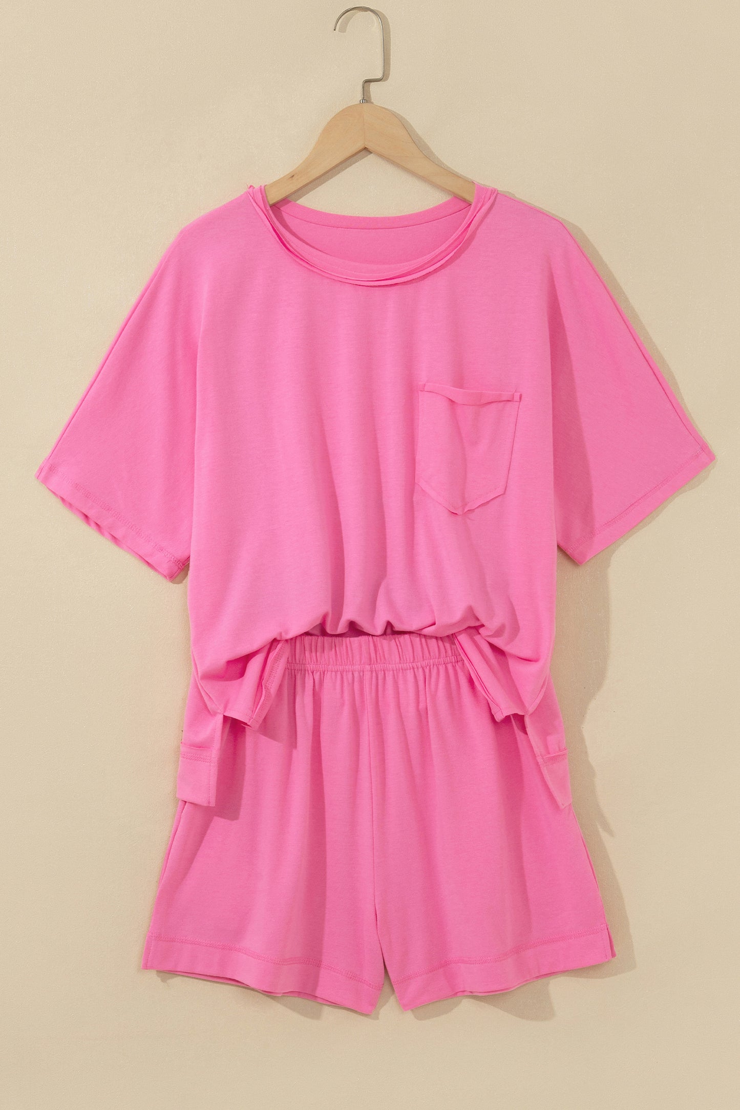 Strawberry Pink Raw Edge Patch Pocket Oversized Top and Shorts Set-Two Piece Sets/Short Sets-[Adult]-[Female]-2022 Online Blue Zone Planet