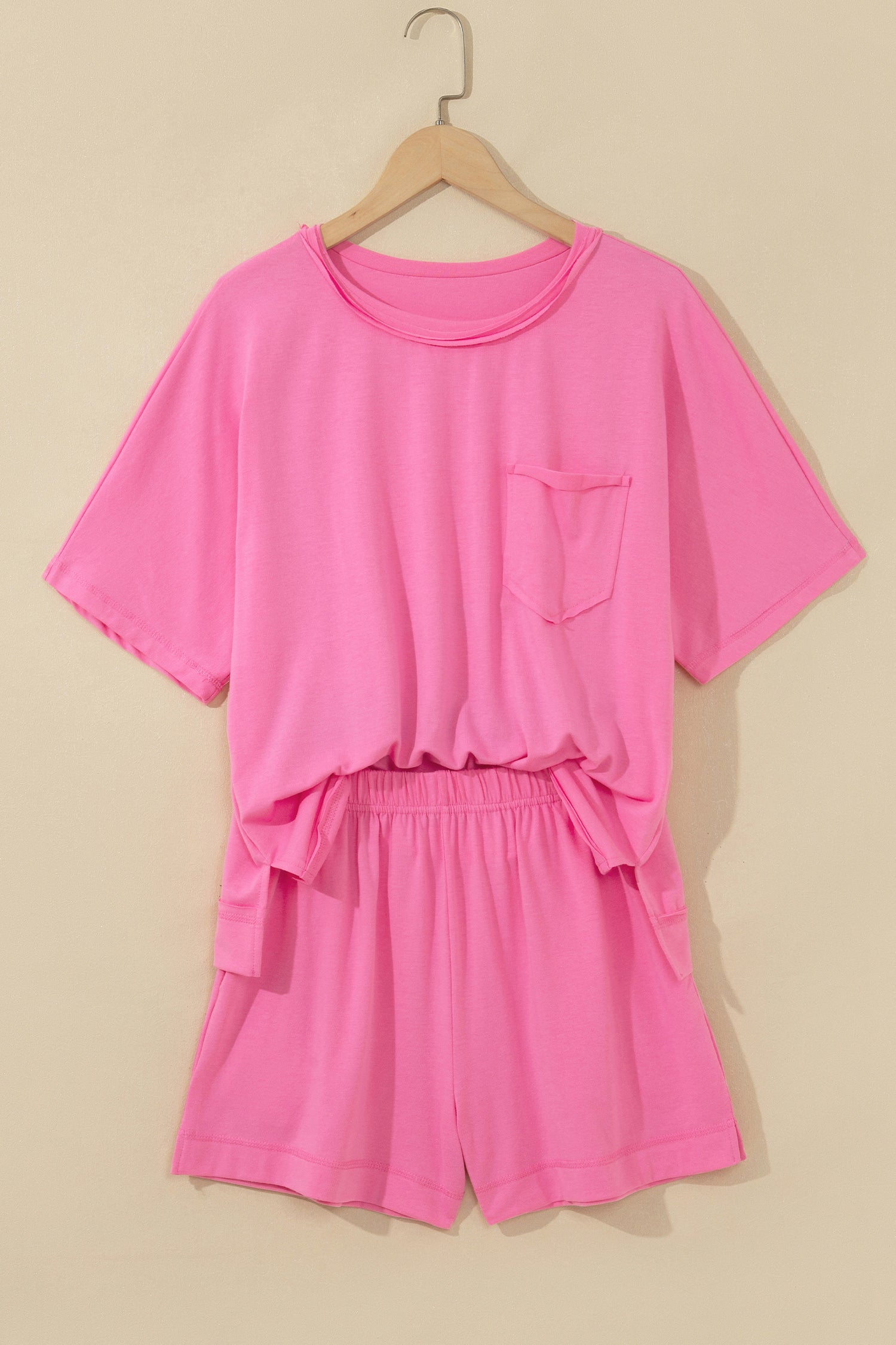 Strawberry Pink Raw Edge Patch Pocket Oversized Top and Shorts Set-Two Piece Sets/Short Sets-[Adult]-[Female]-2022 Online Blue Zone Planet