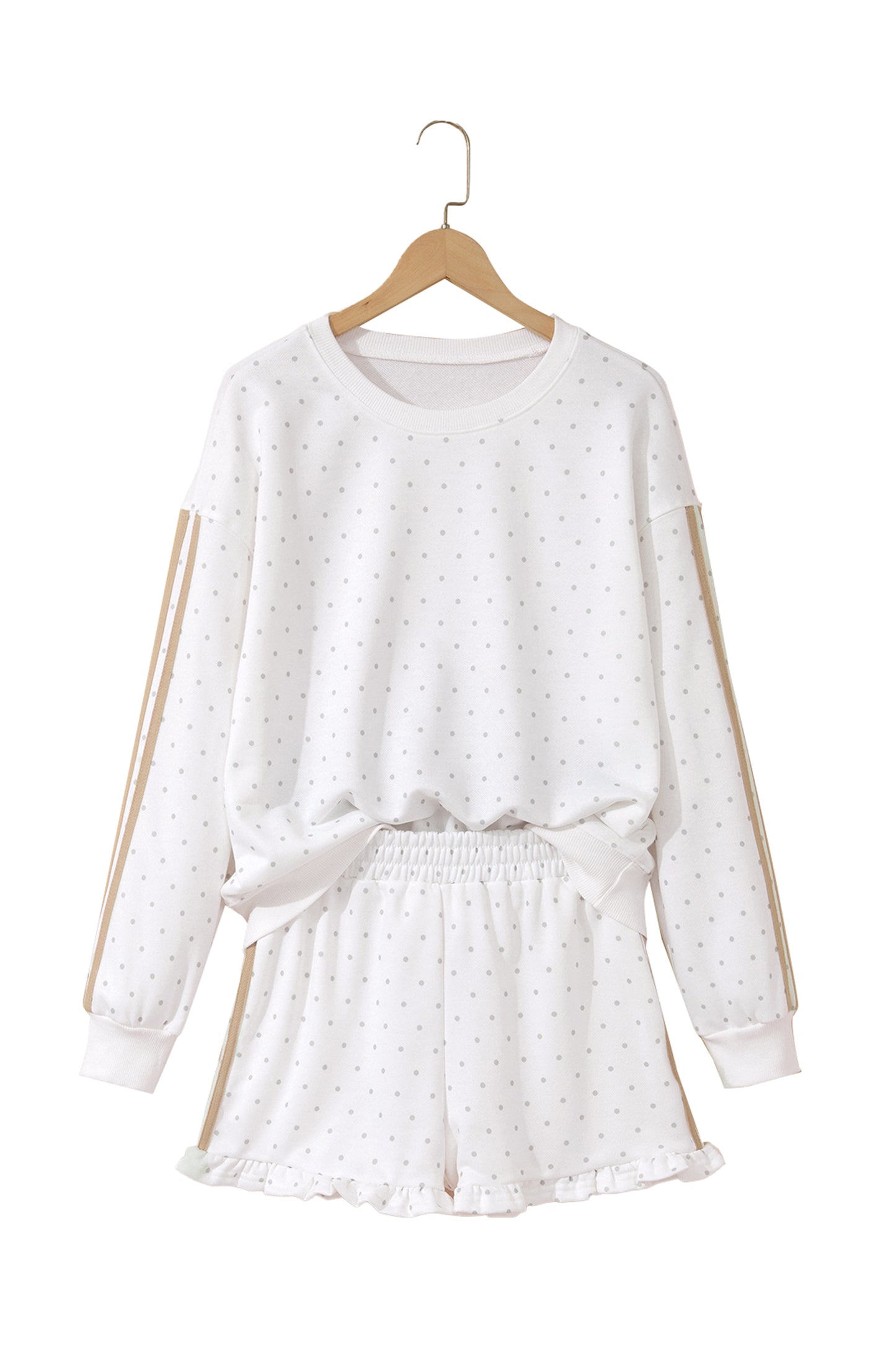 White Polka Dot Print Side Stripe Detail Casual Sweatshirt 2pcs Short Set-Two Piece Sets/Short Sets-[Adult]-[Female]-2022 Online Blue Zone Planet