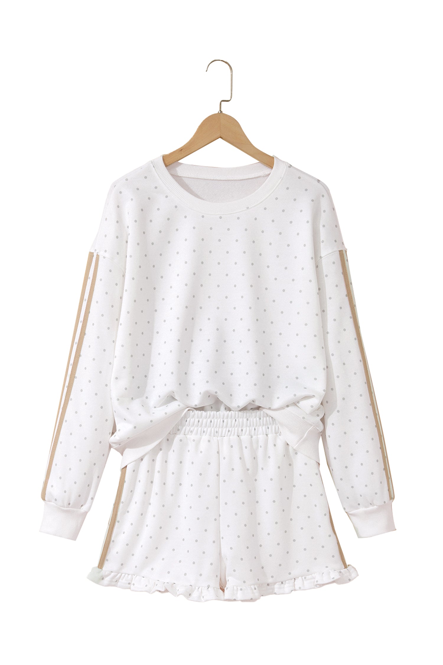 White Polka Dot Print Side Stripe Detail Casual Sweatshirt 2pcs Short Set-Two Piece Sets/Short Sets-[Adult]-[Female]-2022 Online Blue Zone Planet