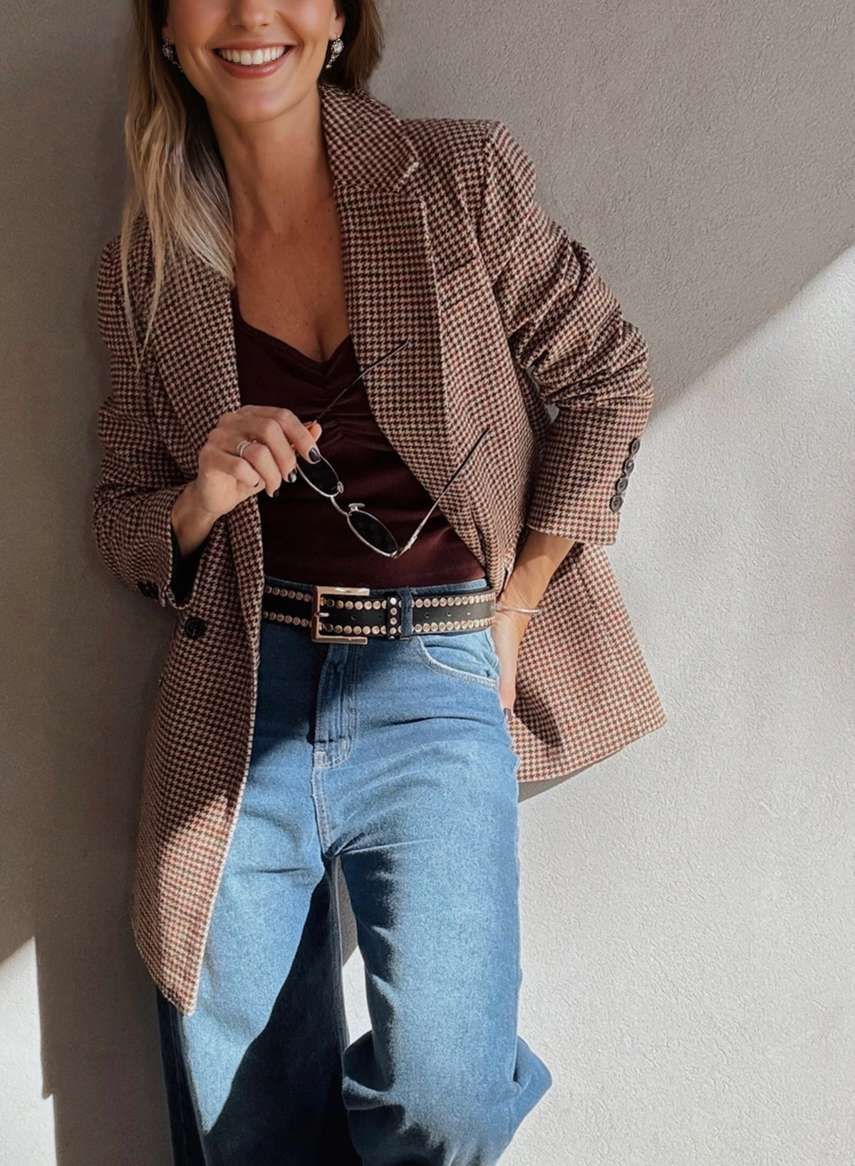 Brown Houndstooth Lapel Collar Blazer-Outerwear/Blazers-[Adult]-[Female]-2022 Online Blue Zone Planet