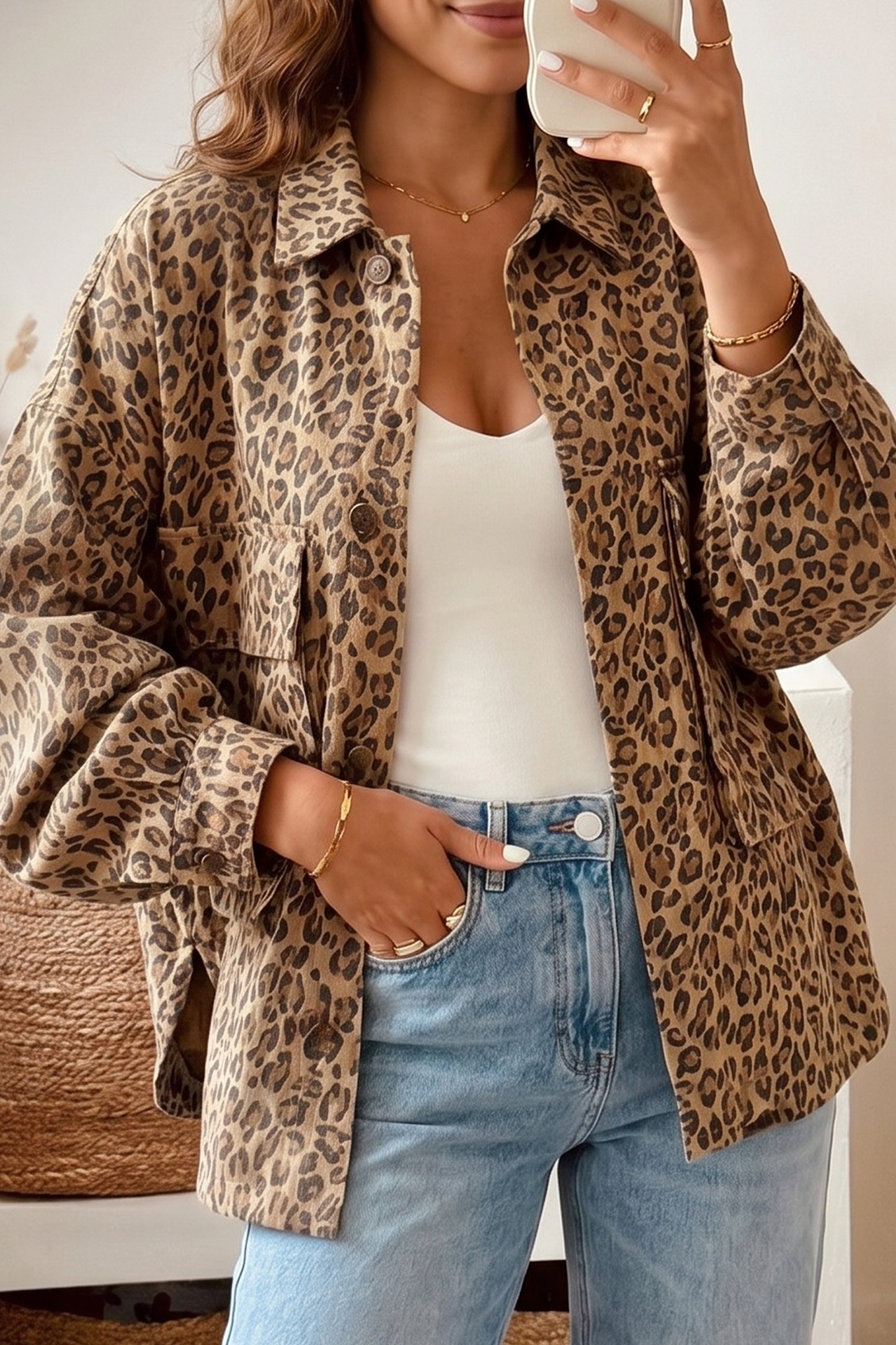 Khaki Leopard Print Collar Long Sleeve Patch Pocket Shift Denim Jacket-Outerwear/Denim jackets-[Adult]-[Female]-2022 Online Blue Zone Planet