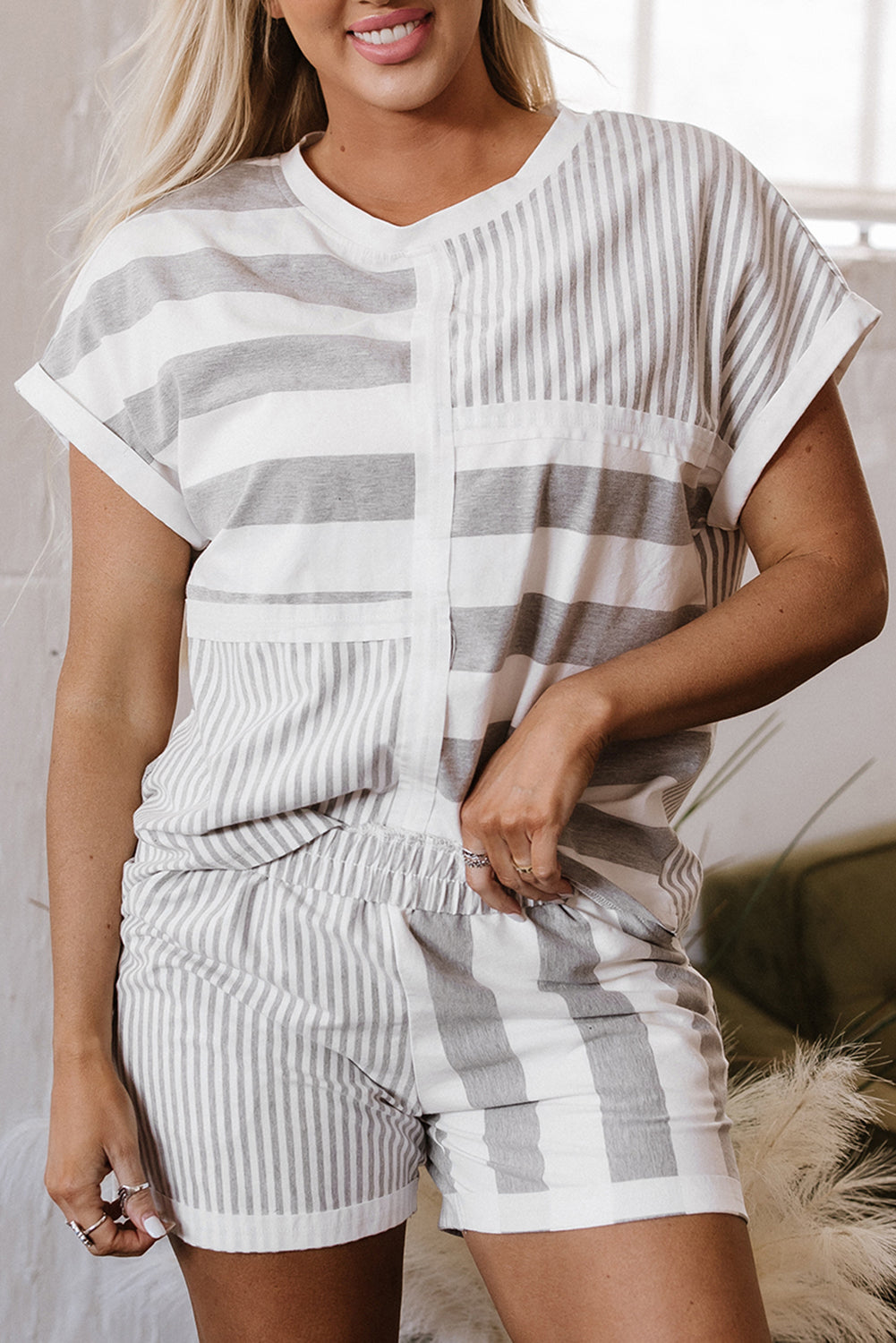 Blue Zone Planet | Gray Stripe Mixed Print Short Sleeve Top And Pocketed Shorts Set-Two Piece Sets/Short Sets-[Adult]-[Female]-2022 Online Blue Zone Planet