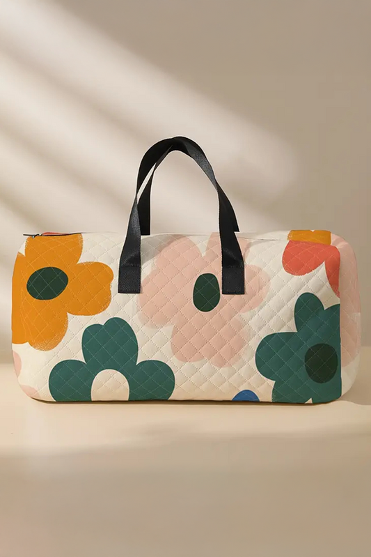 White Flower Print Quilted Large Duffel Bag-Shoes & Bags/Handbags-[Adult]-[Female]-White-ONE SIZE-2022 Online Blue Zone Planet
