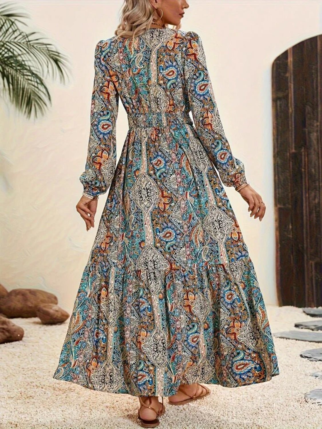 Blue Zone Planet | Printed Tie Neck Long Sleeve Maxi Dress-TOPS / DRESSES-[Adult]-[Female]-2022 Online Blue Zone Planet