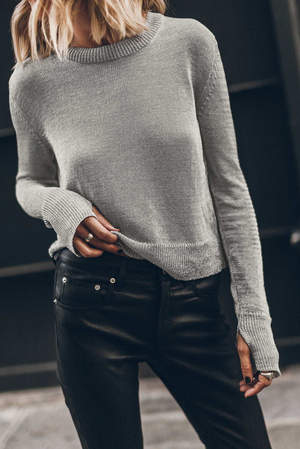 Gray Solid Color Thumbhole Sleeve Ribbed Edge Sweater-Sale (50% OFF)/30% OFF-[Adult]-[Female]-Gray-S-2022 Online Blue Zone Planet