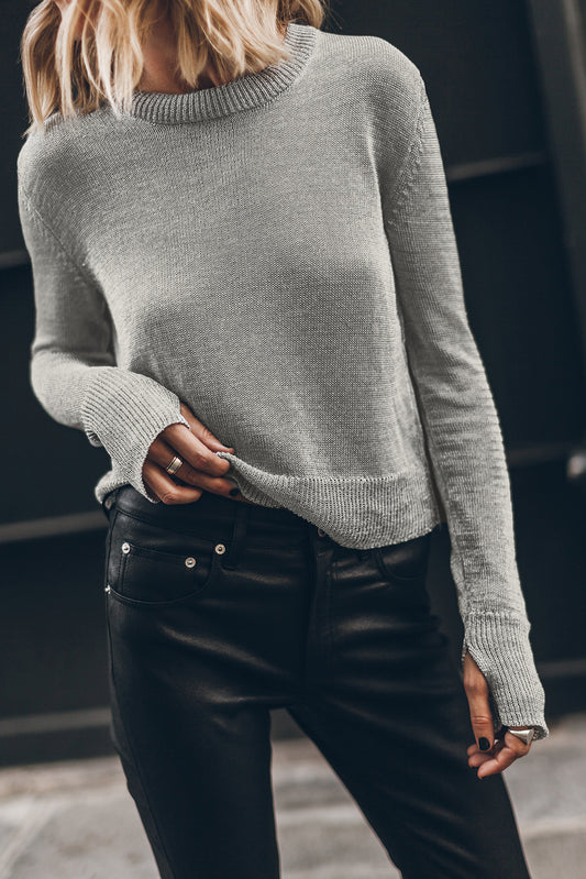 Gray Solid Color Thumbhole Sleeve Ribbed Edge Sweater-Sale (50% OFF)/30% OFF-[Adult]-[Female]-Gray-S-2022 Online Blue Zone Planet