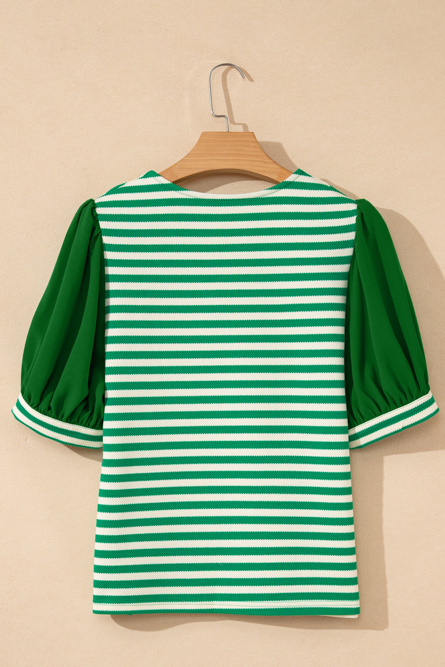Green Stripe Puff Short Sleeve Patchwork V Neck Blouse-Tops/Blouses & Shirts-[Adult]-[Female]-2022 Online Blue Zone Planet