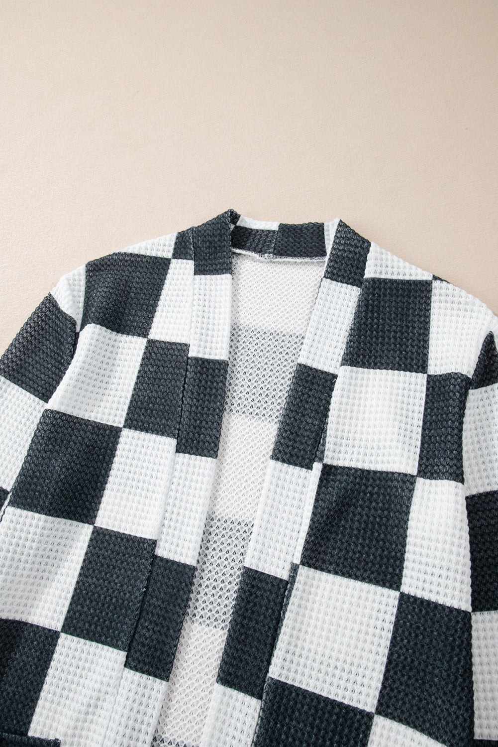 Blue Zone Planet | Black Checkered Waffle Knit Thumbhole Long Sleeve Cardigan-Cardigans-[Adult]-[Female]-2022 Online Blue Zone Planet