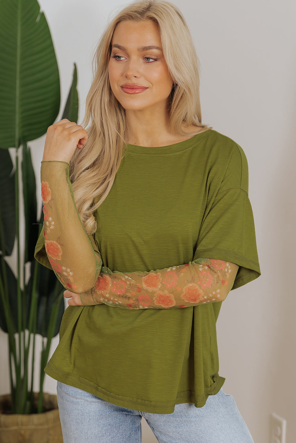 Blue Zone Planet | Fern Green Faux Two Piece Floral Long Sleeve Patchwork Tee-Tops/Long Sleeve Tops-[Adult]-[Female]-2022 Online Blue Zone Planet