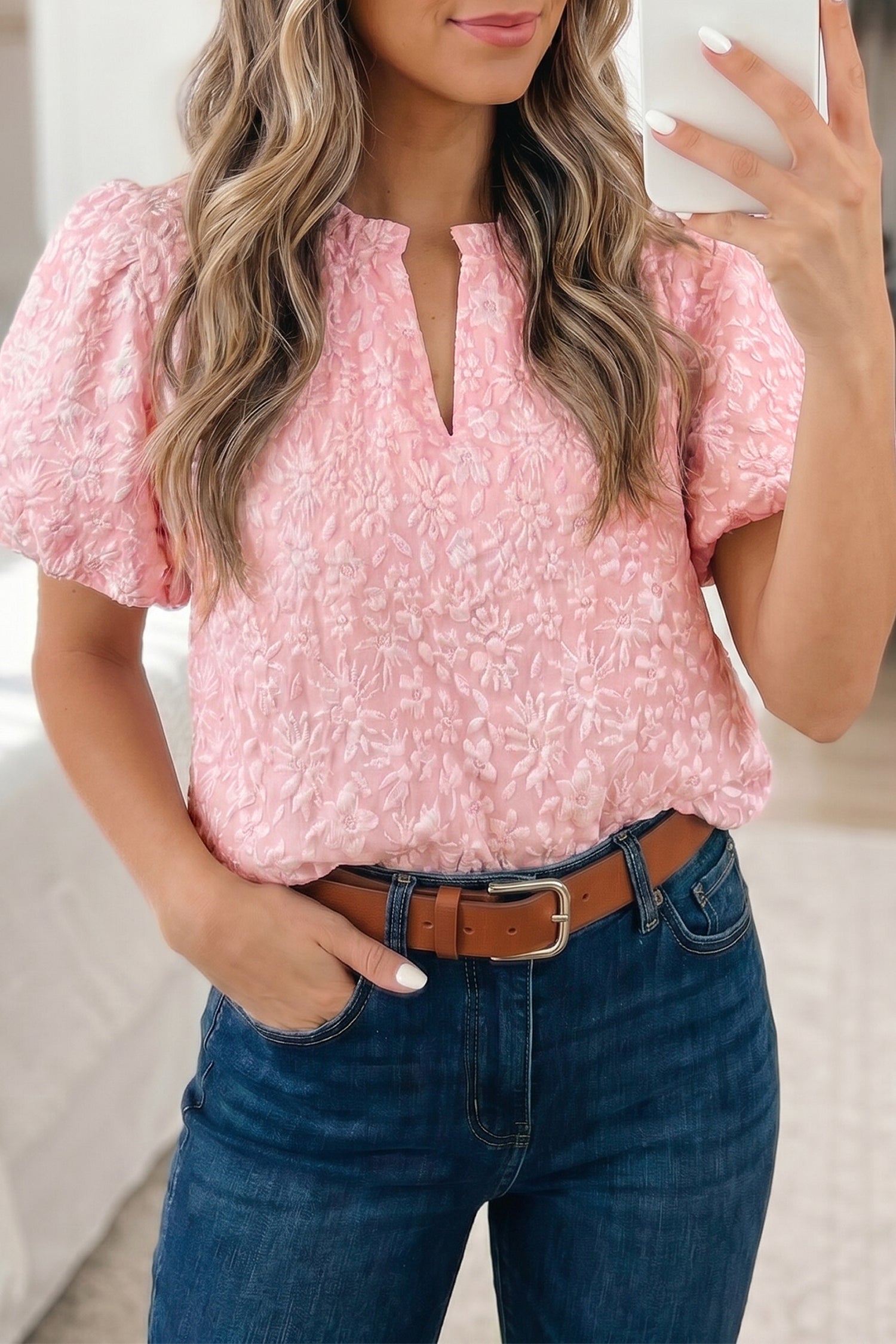 Iceland Blue Floral Textured Jacquard Puff Sleeve Blouse-Tops/Blouses & Shirts-[Adult]-[Female]-2022 Online Blue Zone Planet