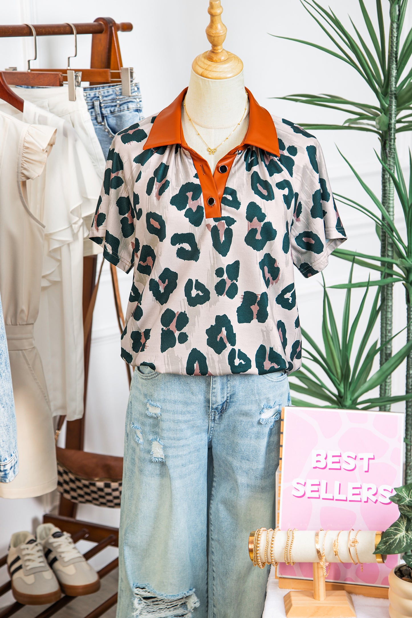 Casual Unique Leopard Print Button Contrast Collared Short Sleeve Blouse-Tops/Blouses & Shirts-[Adult]-[Female]-2022 Online Blue Zone Planet