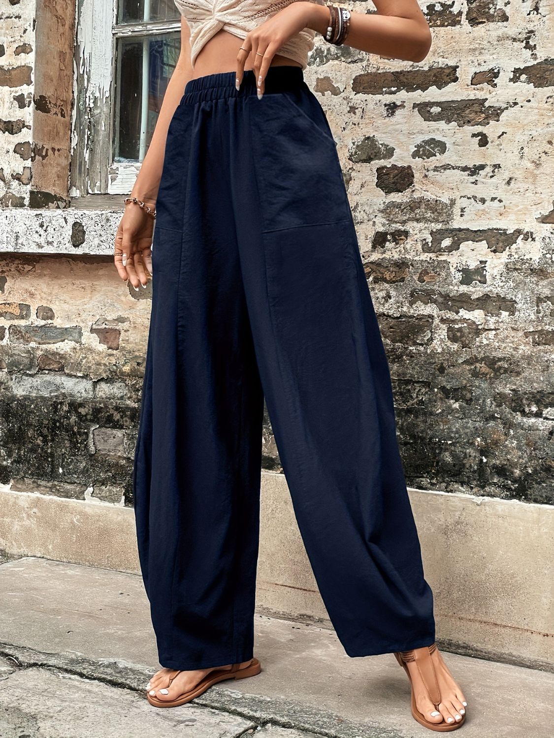 Elastic Waist Pants with Pockets-BOTTOMS SIZES SMALL MEDIUM LARGE-[Adult]-[Female]-2022 Online Blue Zone Planet