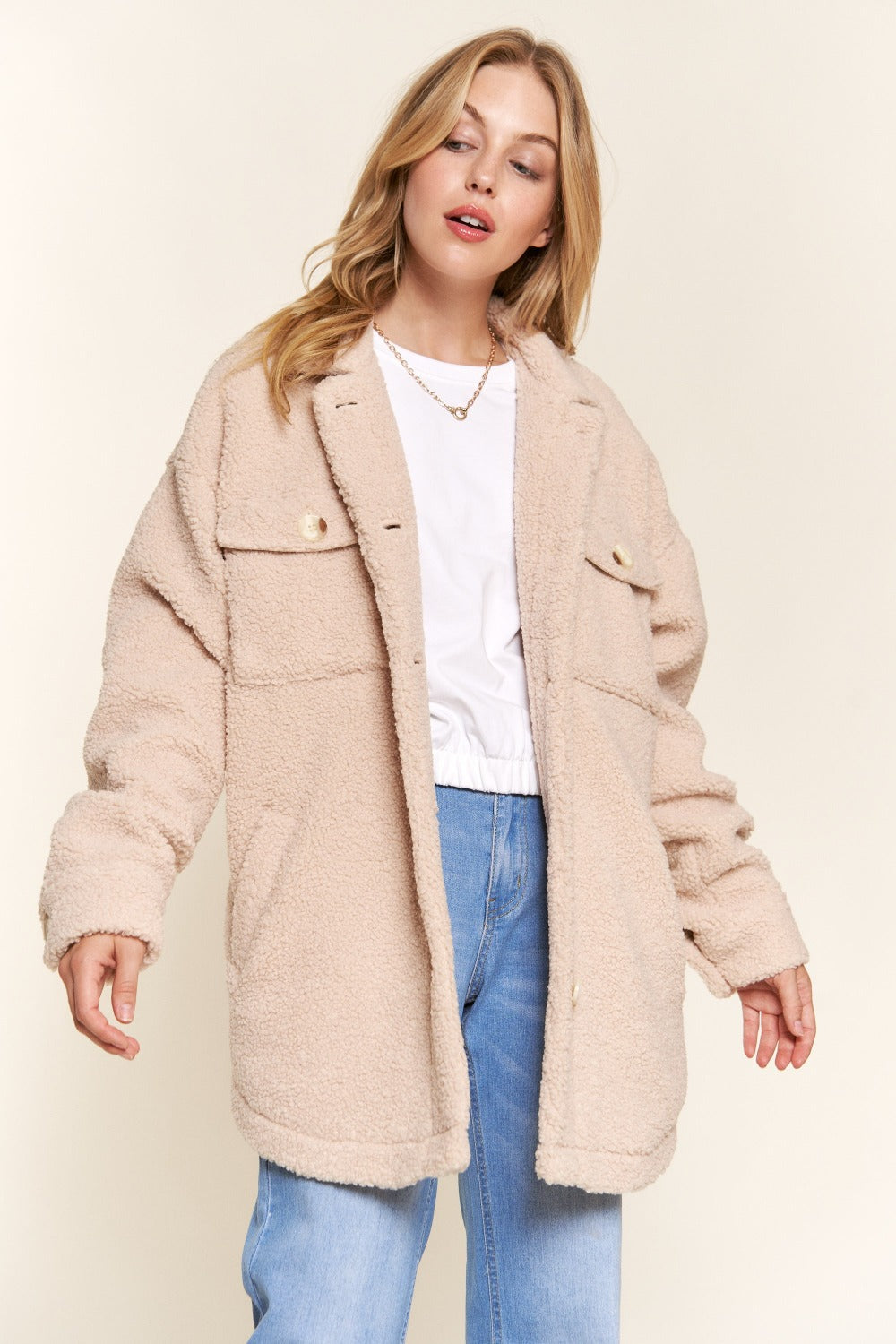 And The Why Teddy Sherpa Button Down Curved Hem Shacket-TOPS / DRESSES-[Adult]-[Female]-2022 Online Blue Zone Planet