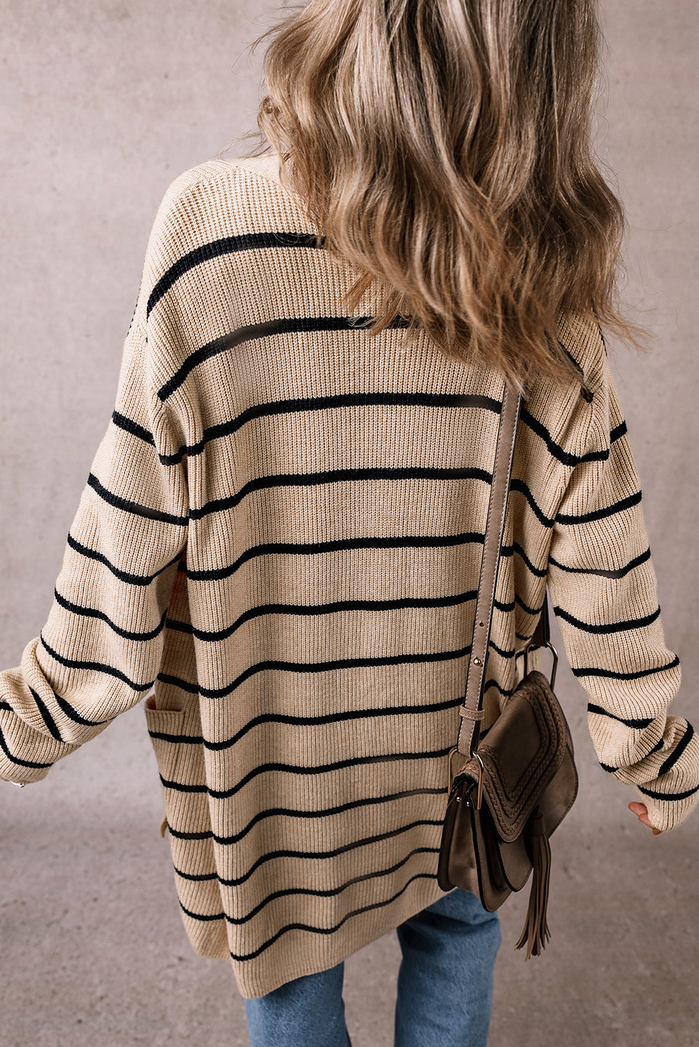 Blue Zone Planet | Black Stripe Shawl Neckline Open Cardigan with Pockets-Sweaters & Cardigans/Cardigans-[Adult]-[Female]-2022 Online Blue Zone Planet