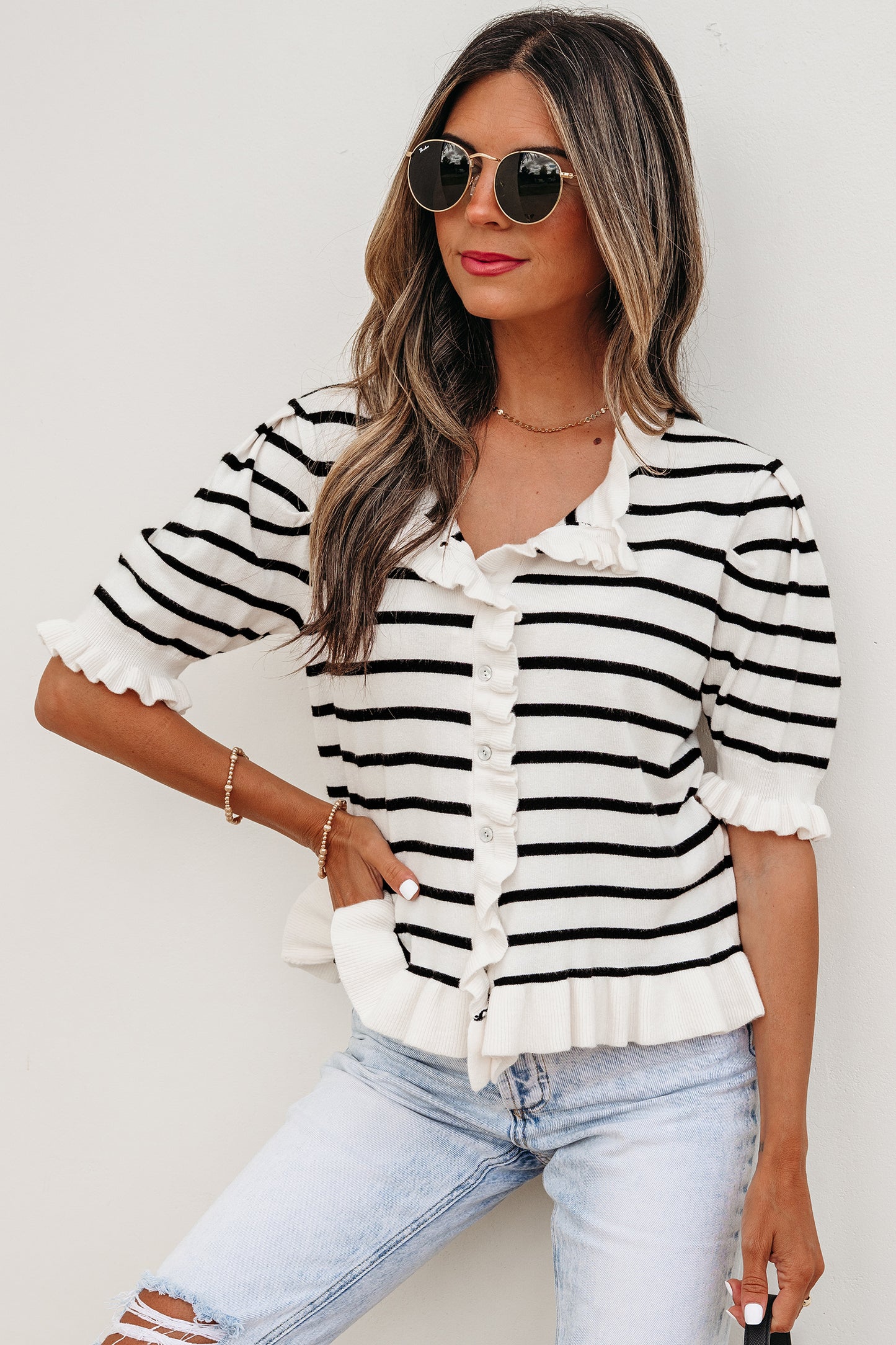 Beige Stripe Ruffle Trim Button Down Knit Short Sleeve Sweater Cardigan-TOPS / DRESSES-[Adult]-[Female]-2022 Online Blue Zone Planet