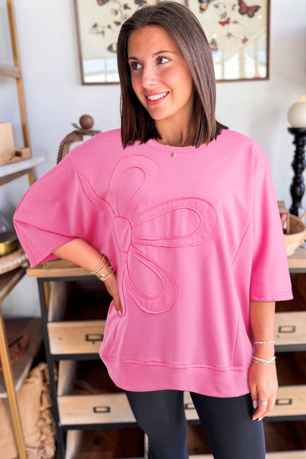 Sachet Pink Floral Patched Half Sleeve Tunic Top-Tops/Tops & Tees-[Adult]-[Female]-2022 Online Blue Zone Planet