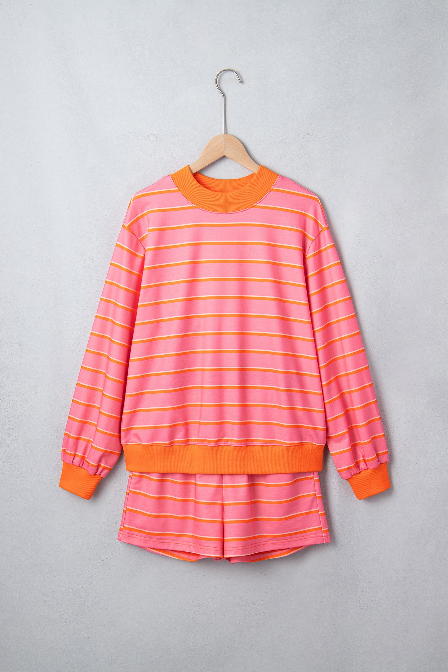 Rose Stripe Color Block Trim Long Sleeve Pullover Pocketed Shorts 2pcs Set-Two Piece Sets/Short Sets-[Adult]-[Female]-2022 Online Blue Zone Planet